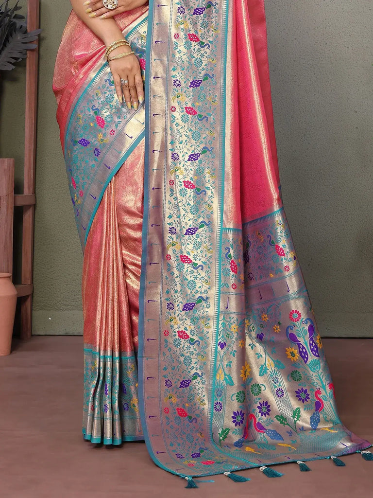 Beautiful Coral Red Zari Weaving Banarasi Silk Paithani Saree With Blouse