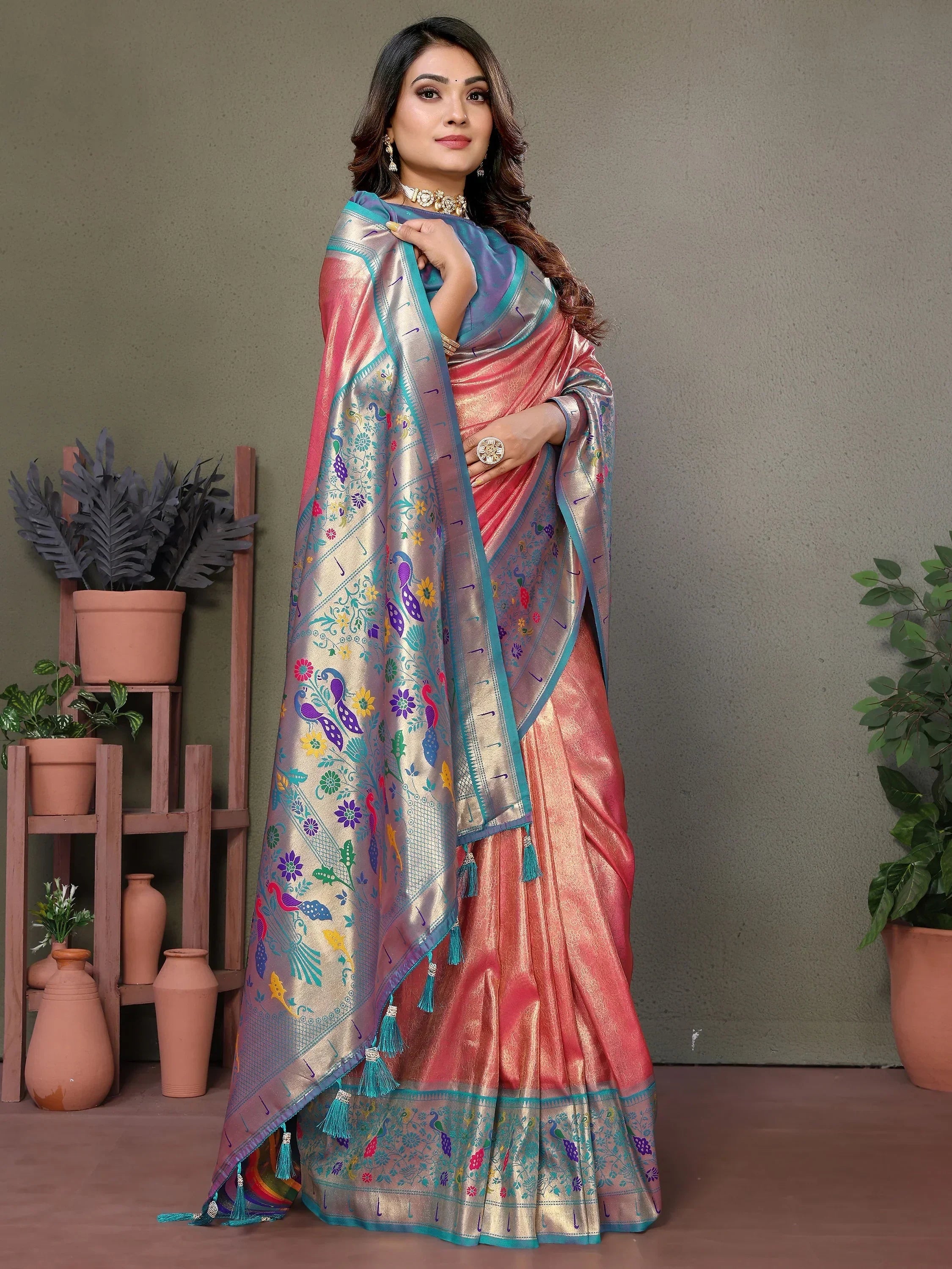 Beautiful Coral Red Zari Weaving Banarasi Silk Paithani Saree With Blouse