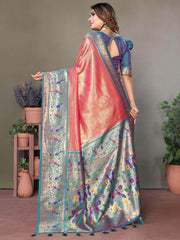 Beautiful Coral Red Zari Weaving Banarasi Silk Paithani Saree With Blouse