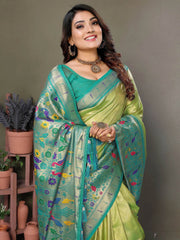 Bewitching Olive Green Zari Weaving Banarasi Silk Paithani Saree