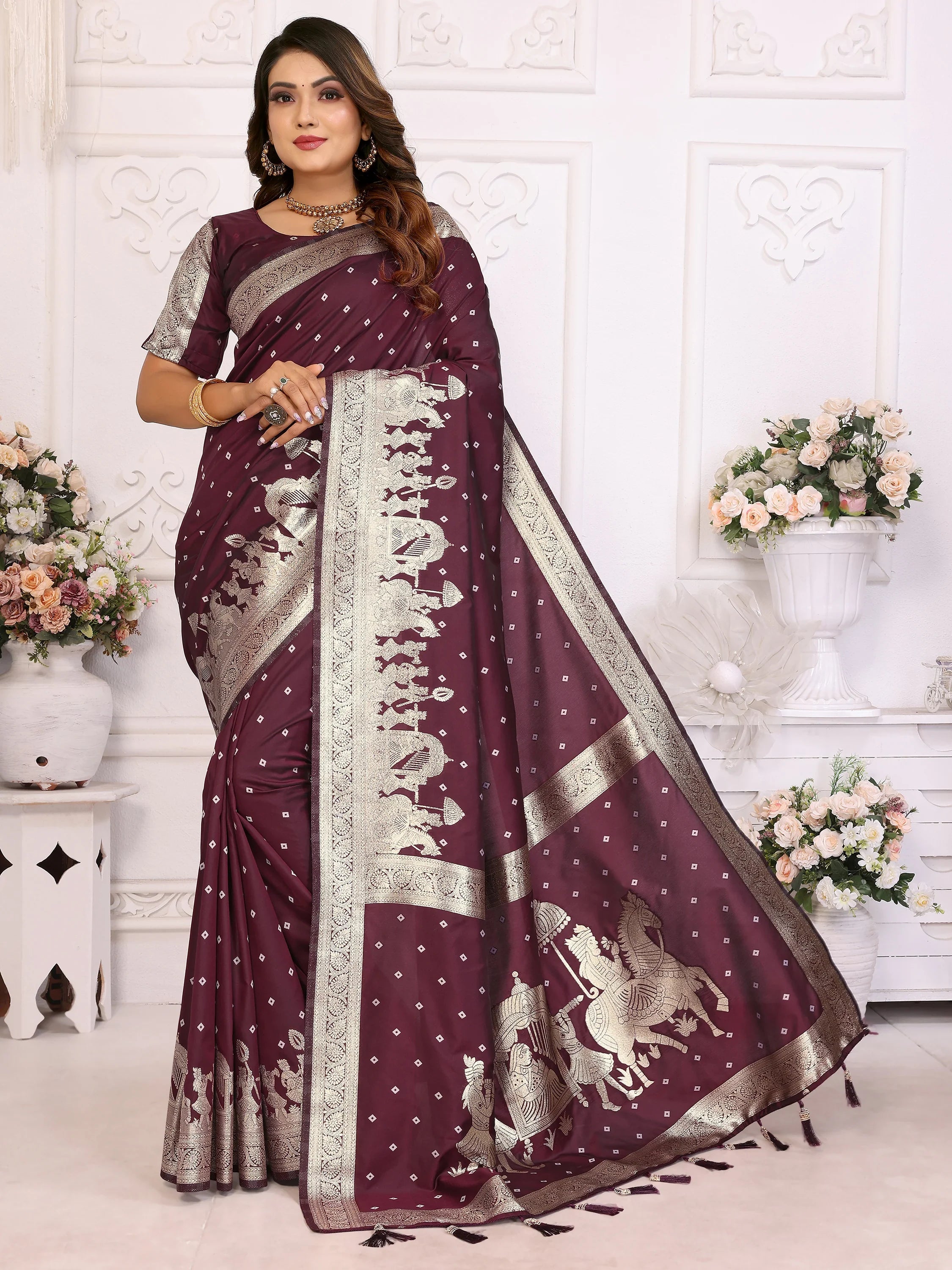 Incredible Brown Zari Weaving Silk Festival Wear Saree With Blouse