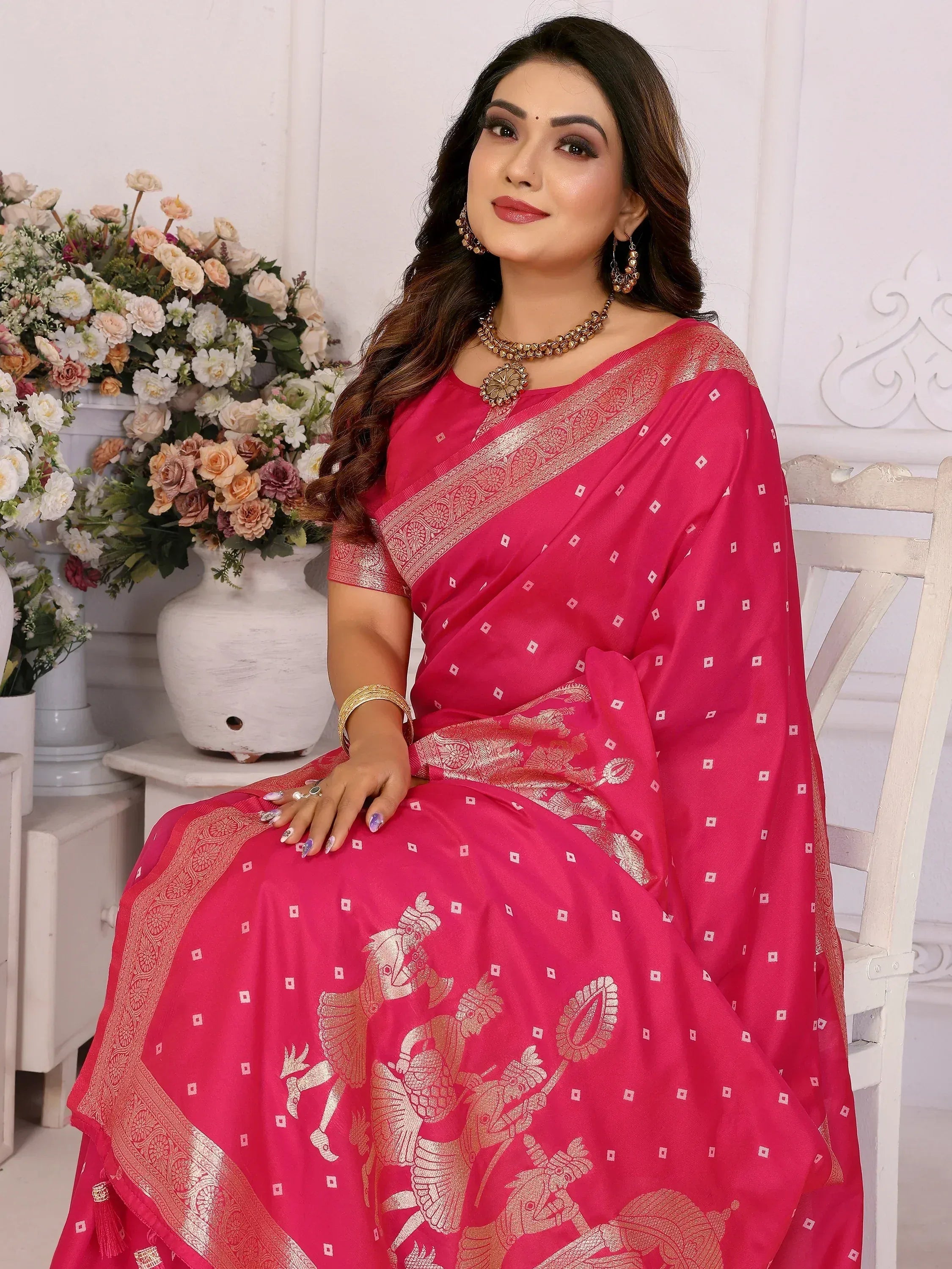 Pink saree with gold elephant print and border, styled with traditional jewelry for Indian ethnic wear