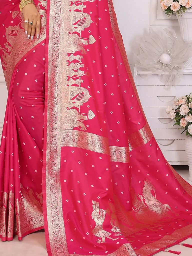 Astonishing Pink Zari Weaving Kochi Silk Traditional Saree With Blouse