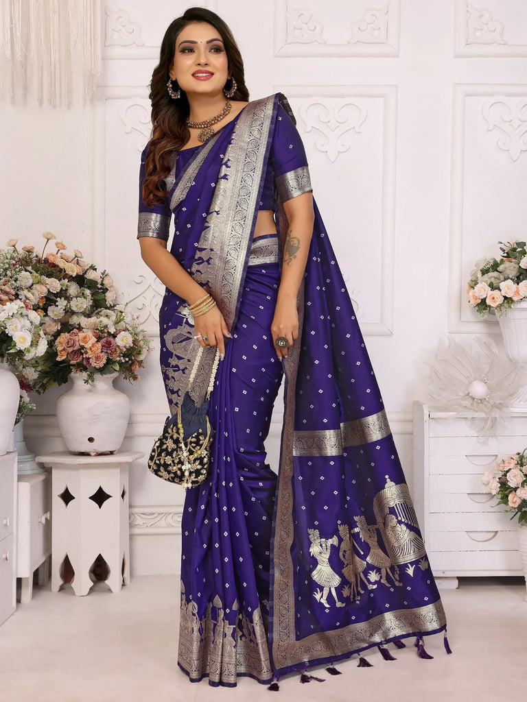 Spectacular Violet Zari Weaving Kochi Silk Wedding Saree With Blouse