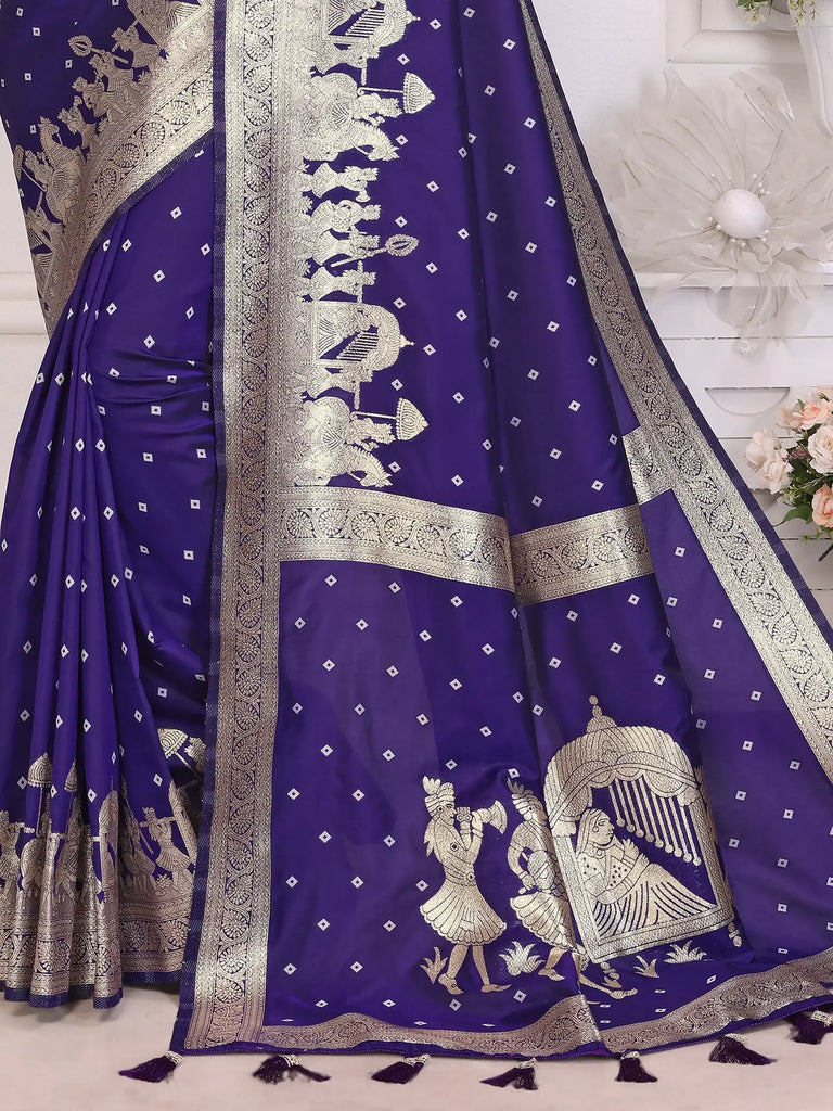 Spectacular Violet Zari Weaving Kochi Silk Wedding Saree With Blouse