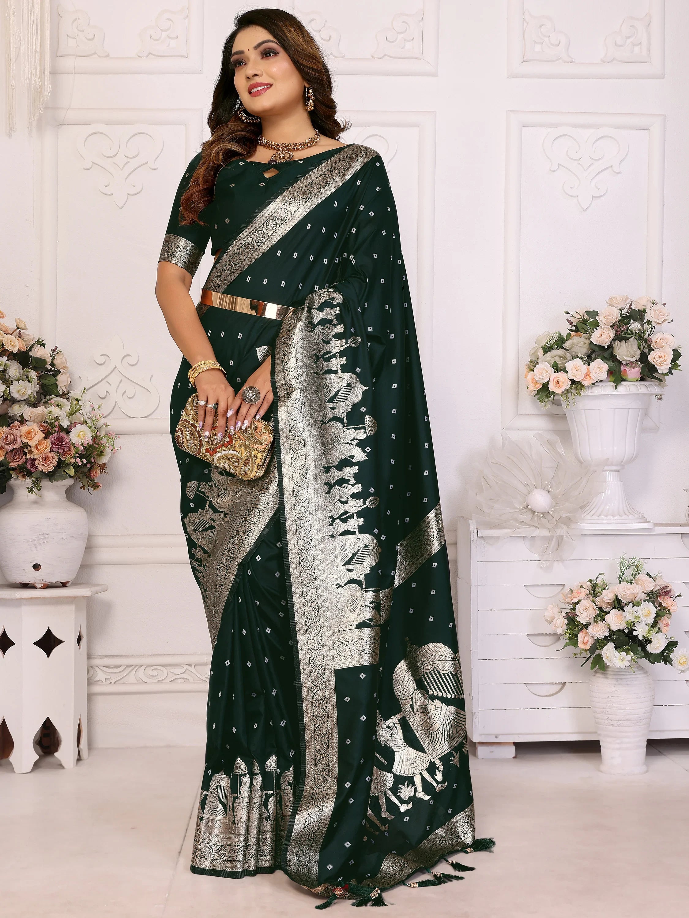 Stunning Green Zari Weaving Silk Mehendi Wear Saree With Blouse