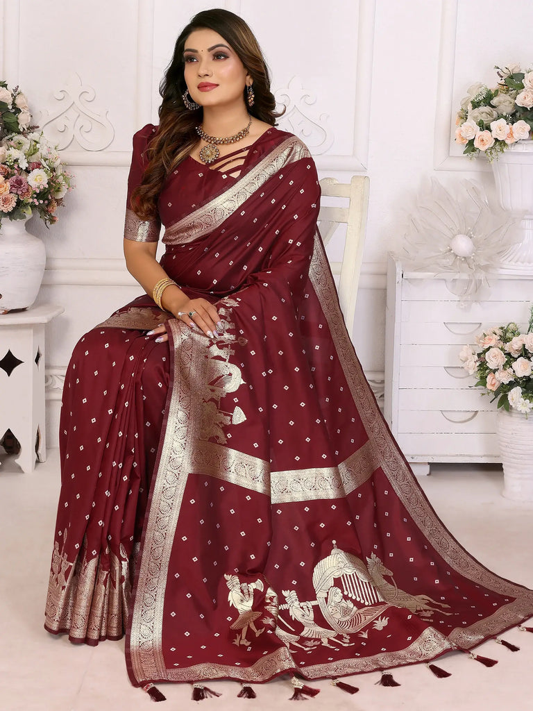 Captivating Maroon Zari Weaving Silk Wedding Saree With Blouse