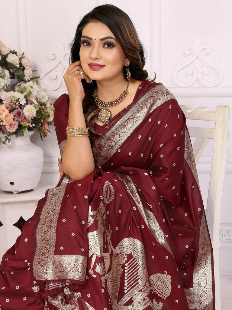Captivating Maroon Zari Weaving Silk Wedding Saree With Blouse