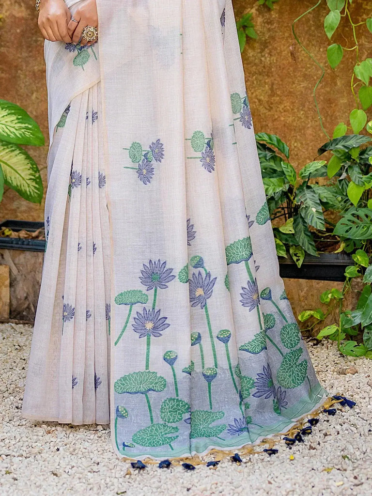 Stunning Off-White Floral Weaving Cotton Saree With Grey Blouse