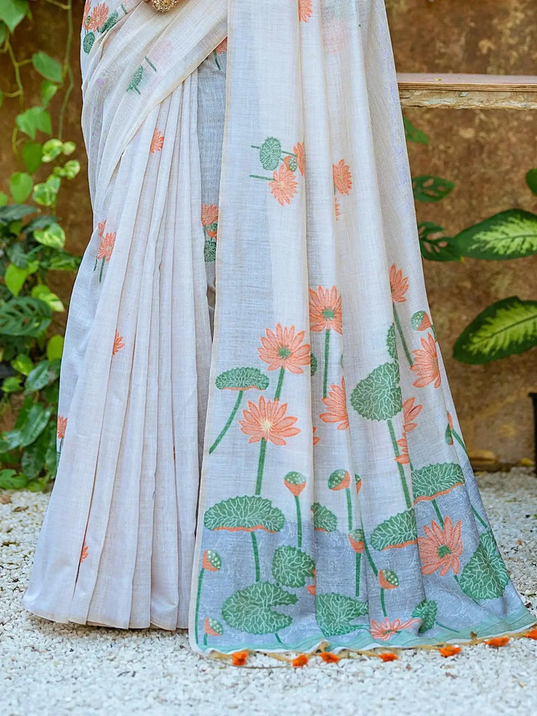 Beautiful Off-White Floral Weaving Cotton Traditional Saree With Blouse