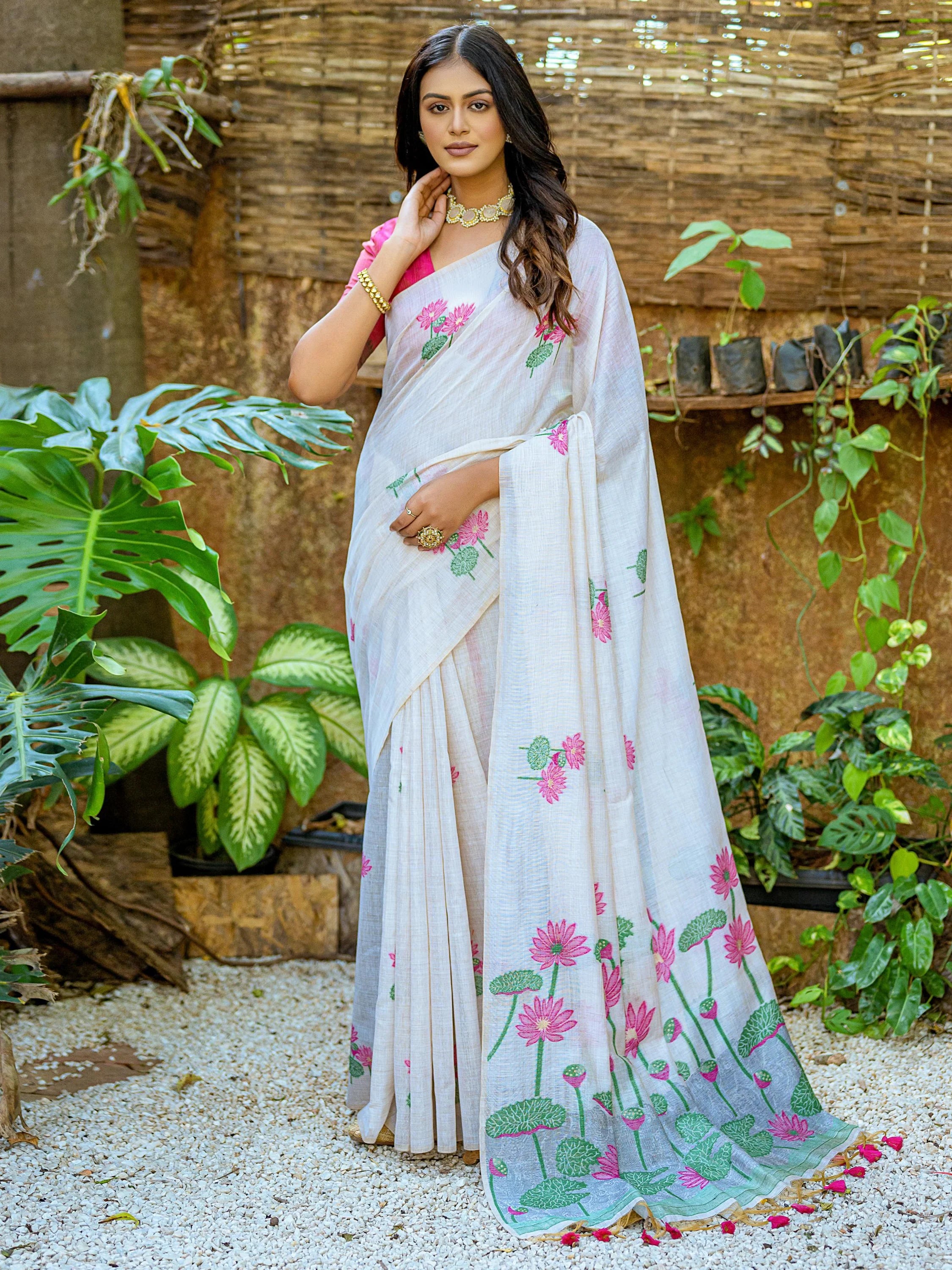 Captivating Off-White Floral Weaving Cotton Casual Wear Saree