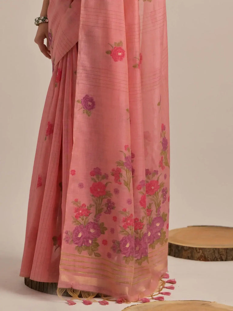 Bewitching Pink Floral Weaving Cotton Festival Wear Saree With Blouse