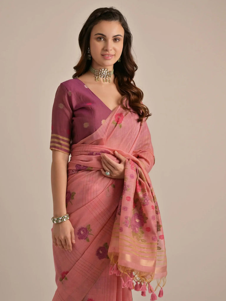 Bewitching Pink Floral Weaving Cotton Festival Wear Saree With Blouse