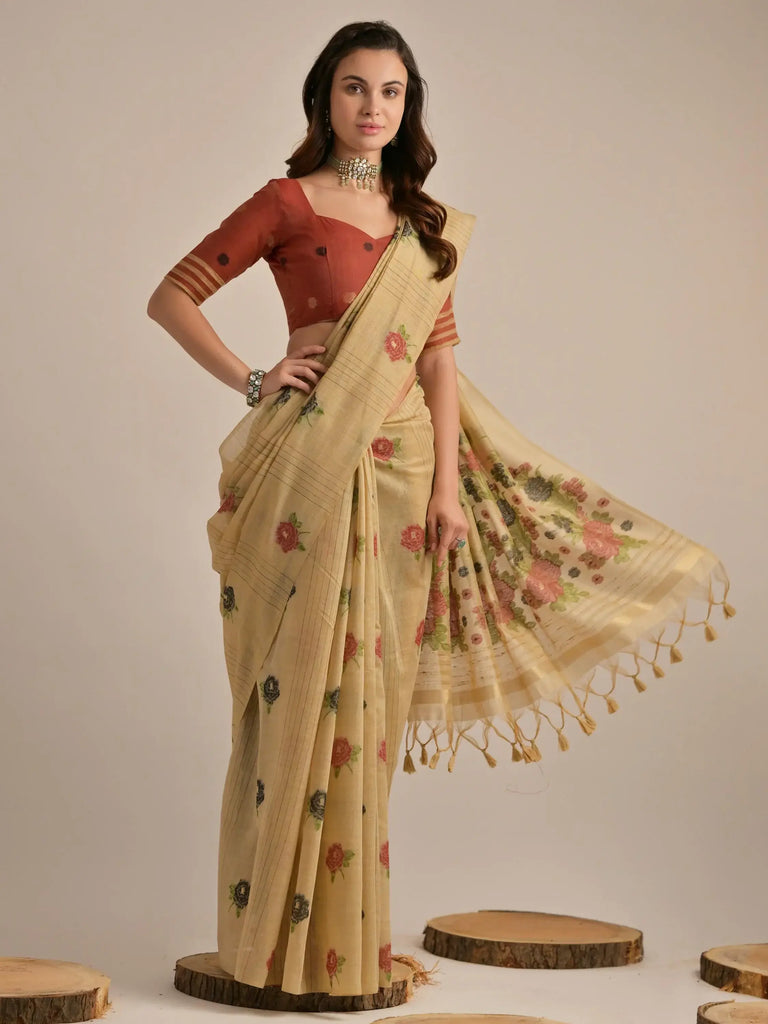 Stunning Beige Floral Weaving Cotton Casual Wear Saree With Blouse