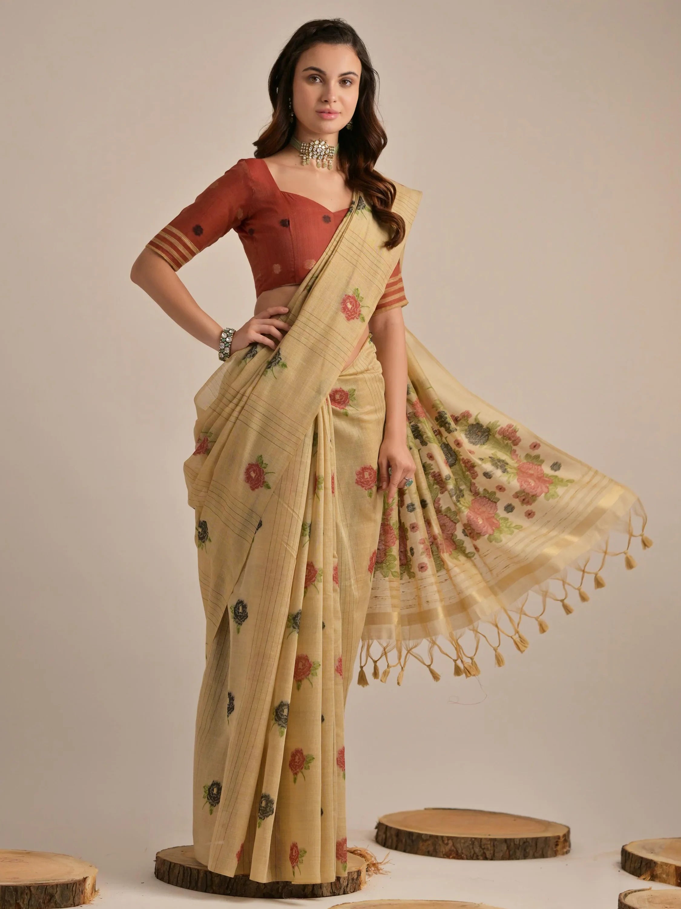 Stunning Beige Floral Weaving Cotton Casual Wear Saree With Blouse