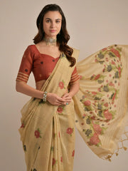 Stunning Beige Floral Weaving Cotton Casual Wear Saree With Blouse