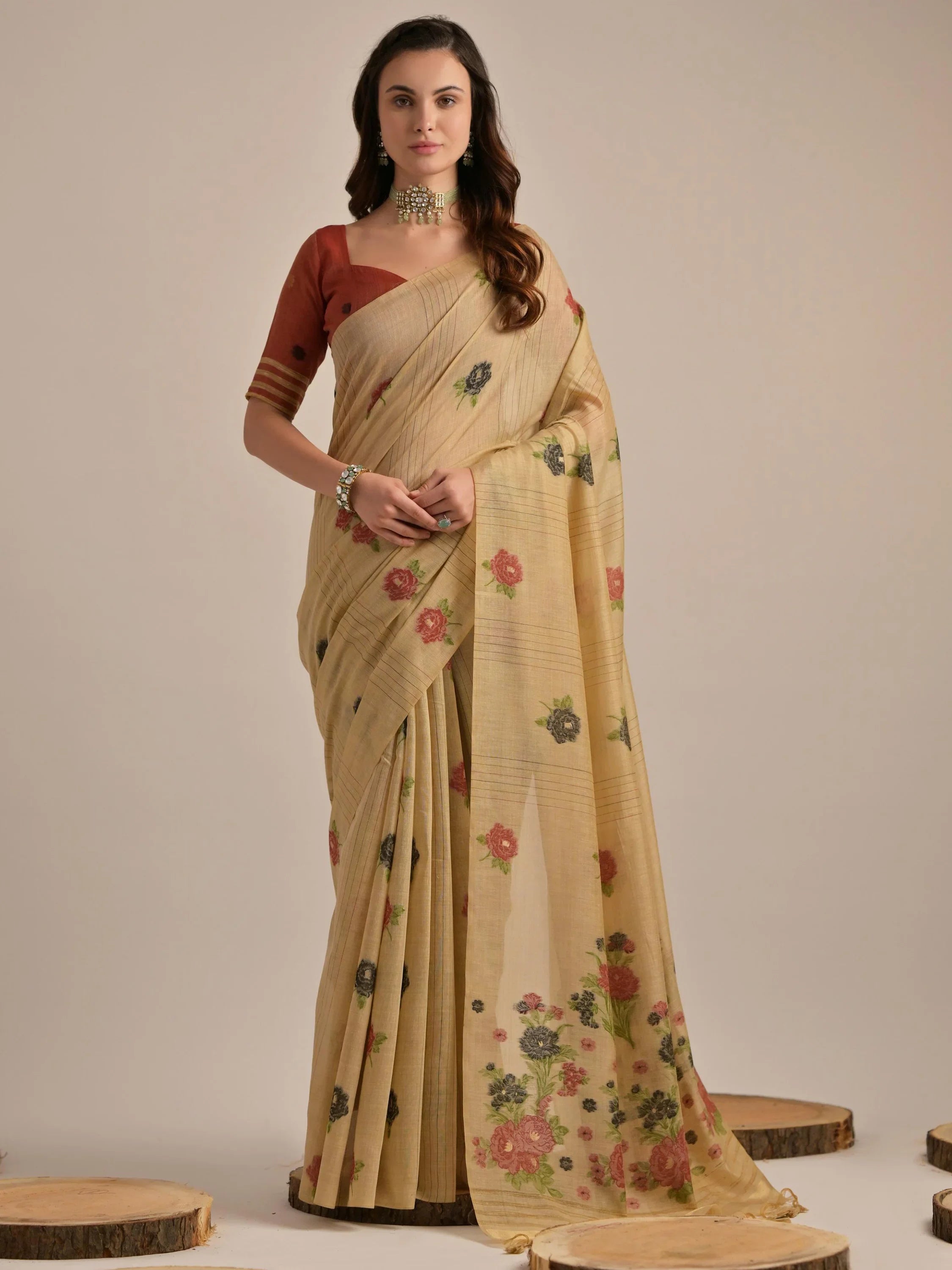 Stunning Beige Floral Weaving Cotton Casual Wear Saree With Blouse