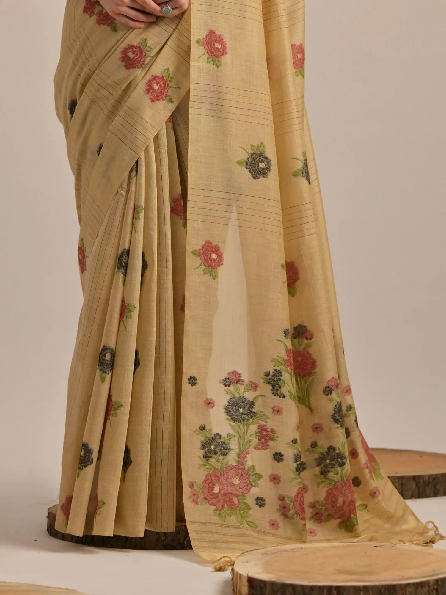 Stunning Beige Floral Weaving Cotton Casual Wear Saree With Blouse