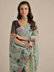Gorgeous Grey Floral Weaving Cotton Traditional Saree With Blouse