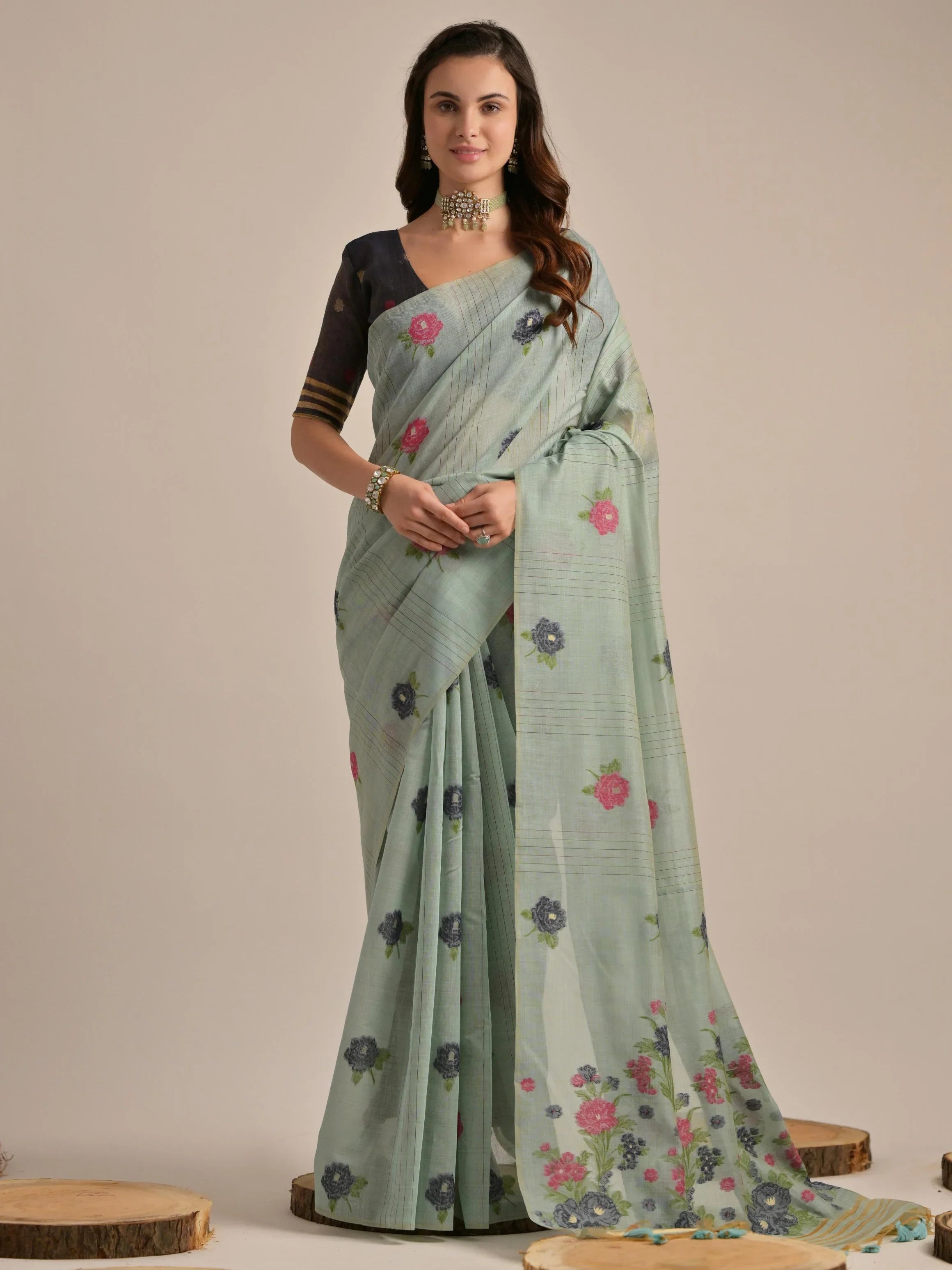 Gorgeous Grey Floral Weaving Cotton Traditional Saree With Blouse