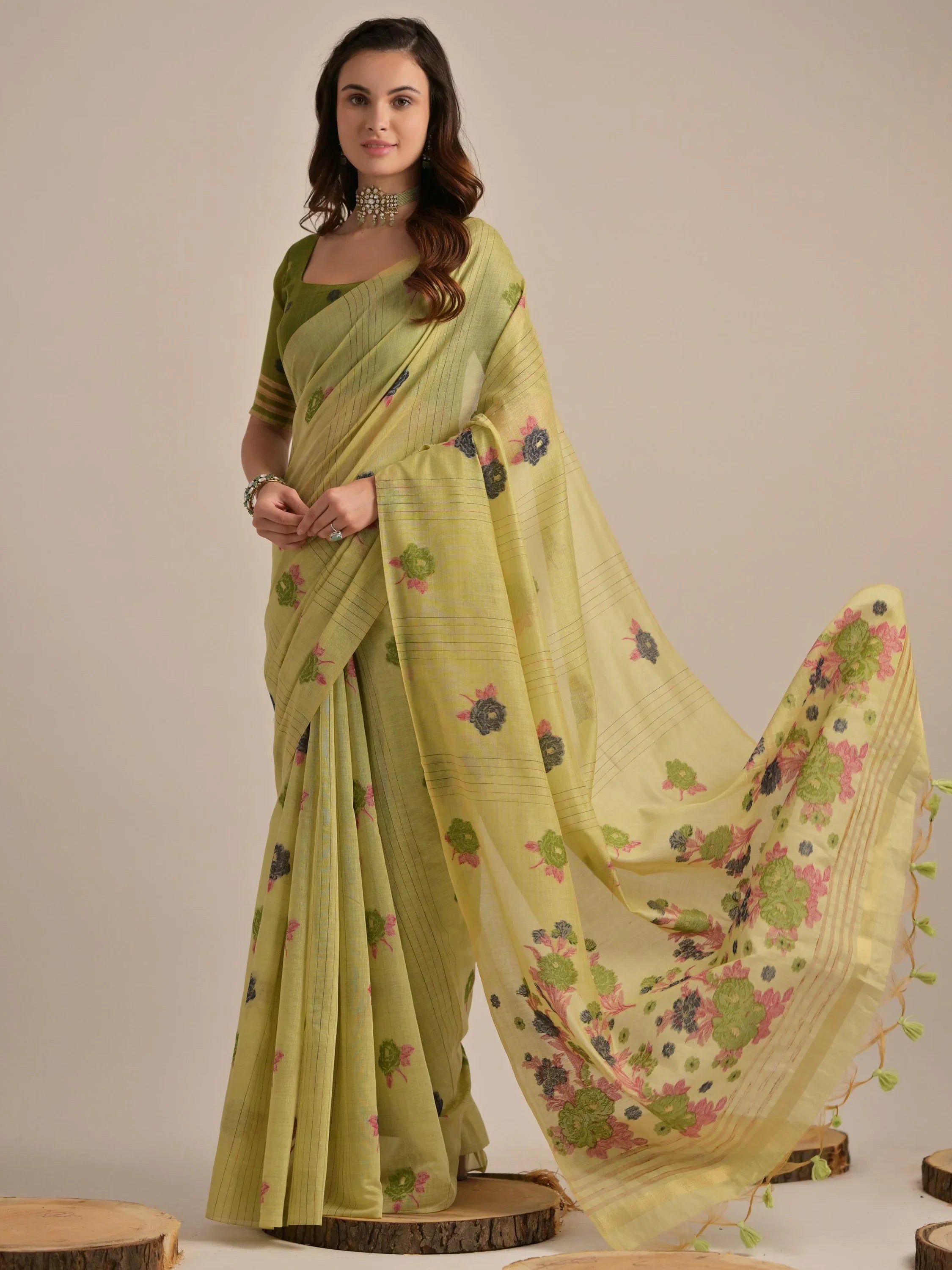 Enchanting Pista Green Floral Weaving Cotton Saree With Blouse