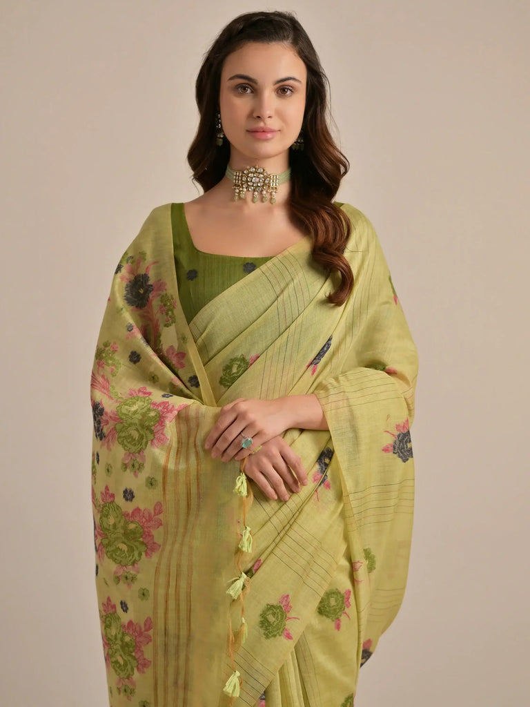 Enchanting Pista Green Floral Weaving Cotton Saree With Blouse