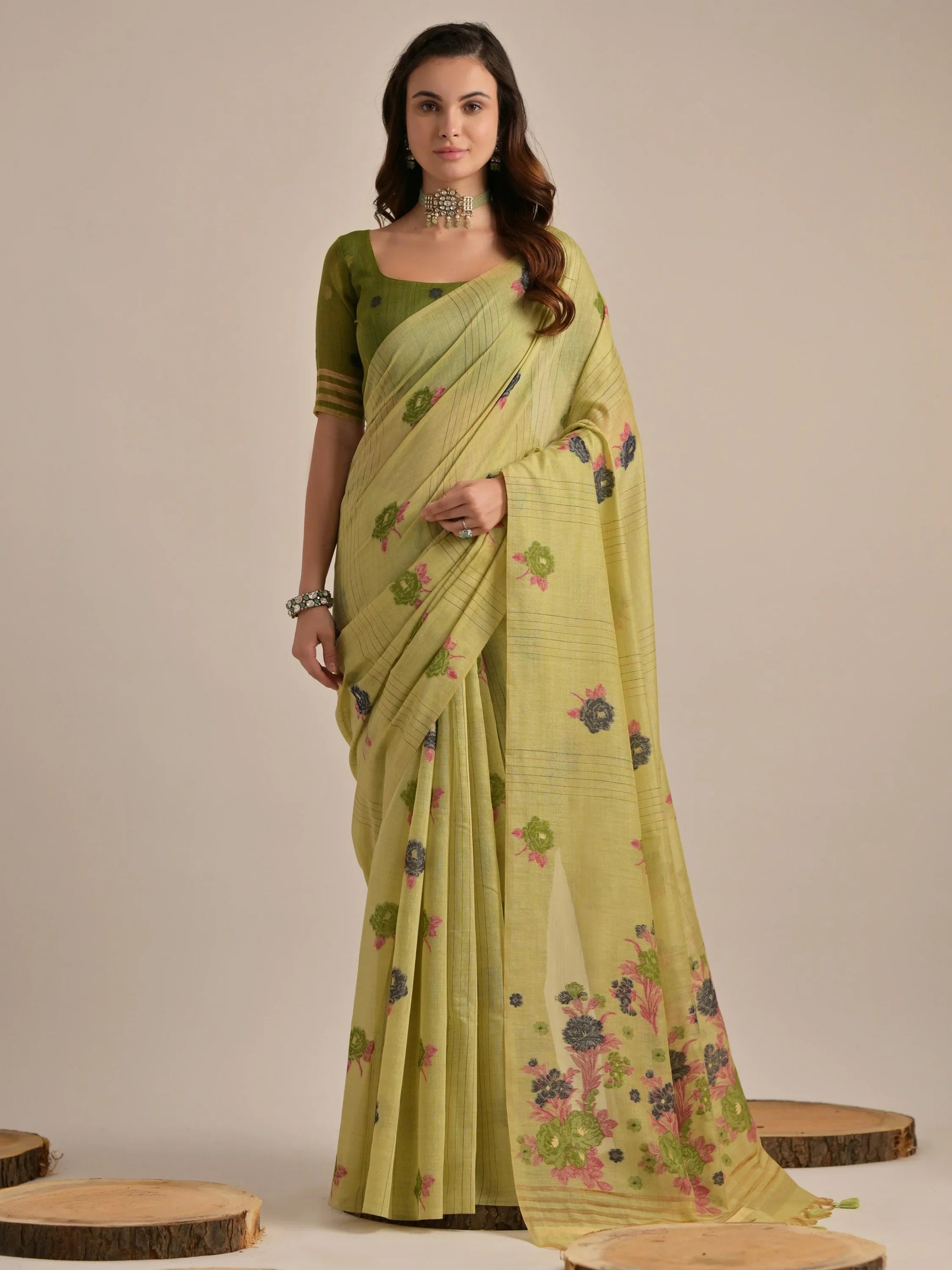Enchanting Pista Green Floral Weaving Cotton Saree With Blouse