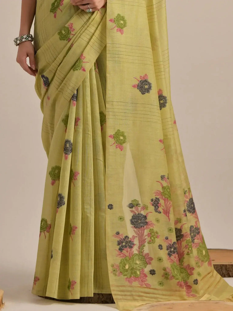Enchanting Pista Green Floral Weaving Cotton Saree With Blouse