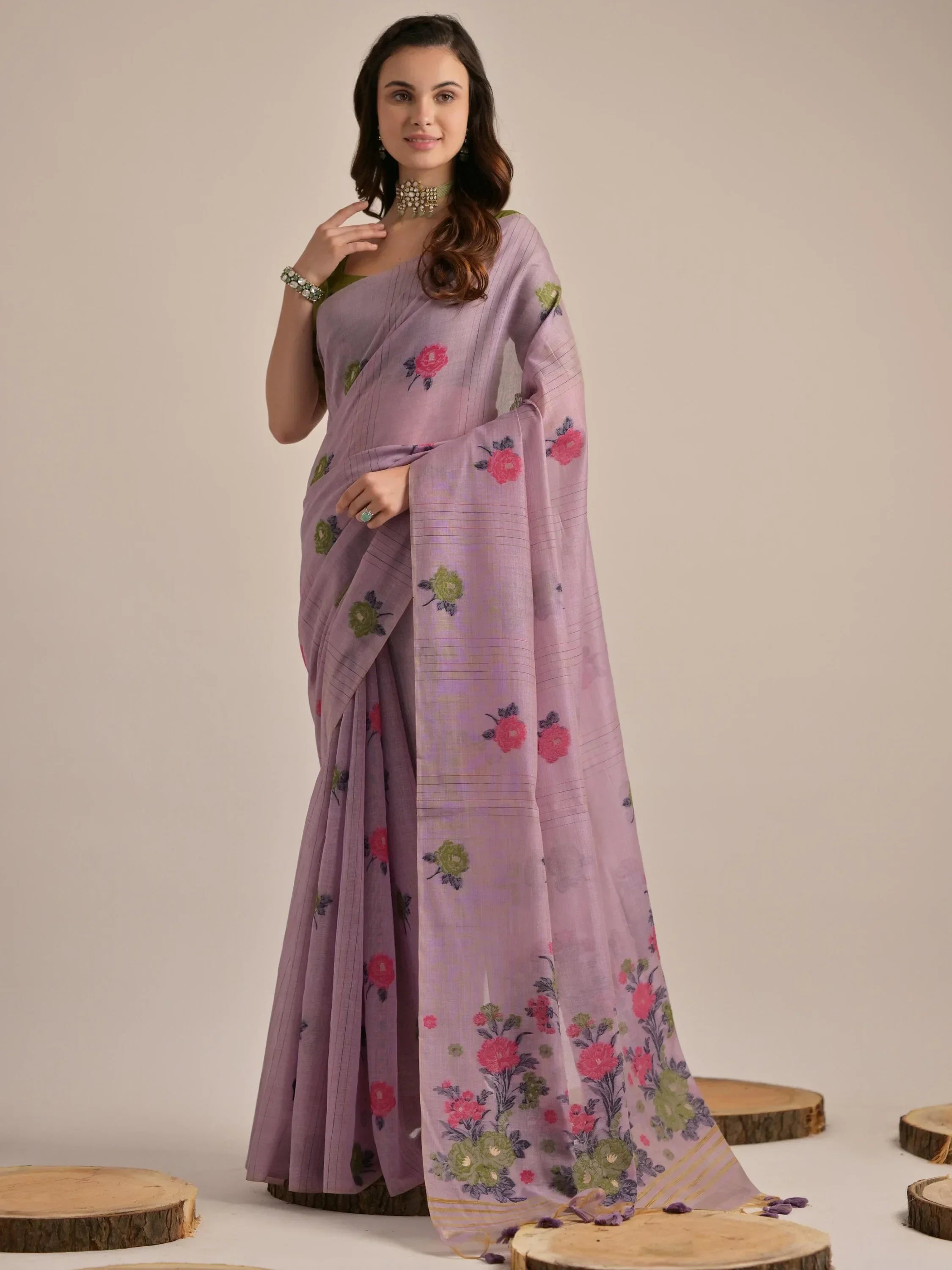 Charming Purple Floral Weaving Cotton Festival Wear Saree With Blouse