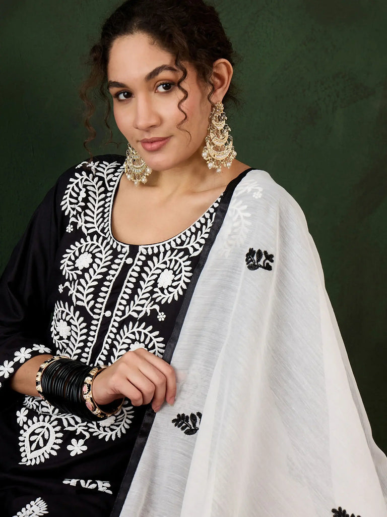 Charming Black Embroidery Work Rayon Traditional Pant Suit With Dupatta