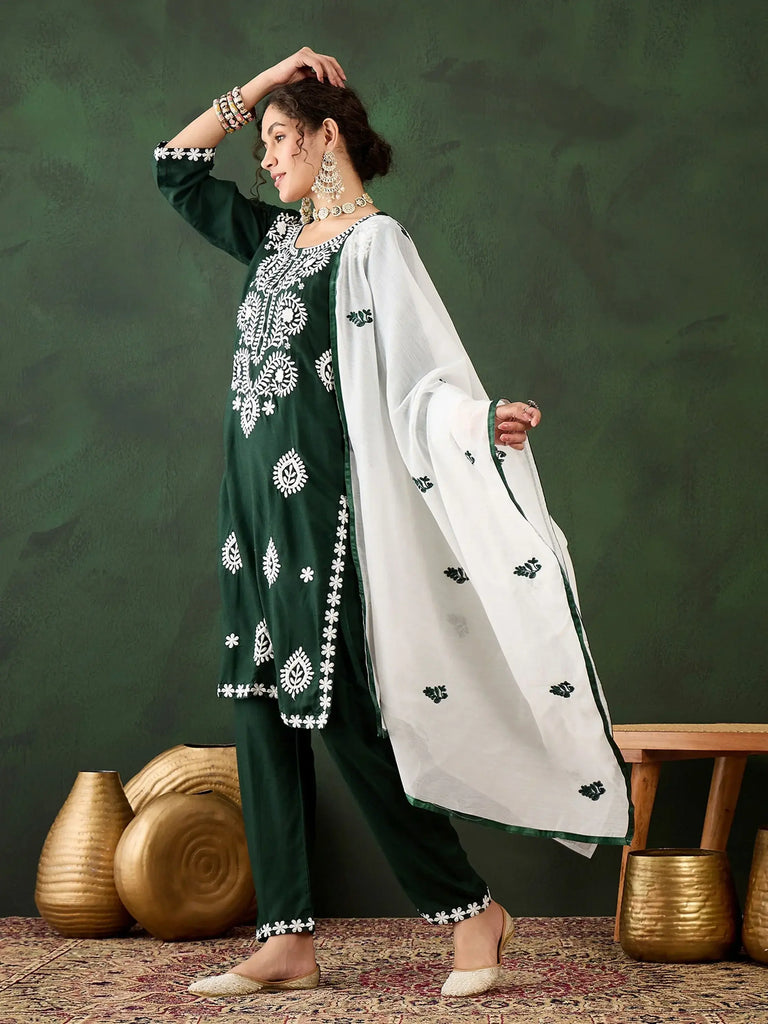 Lovable Green Embroidery Work Rayon Festival Wear Pant Suit With Dupatta