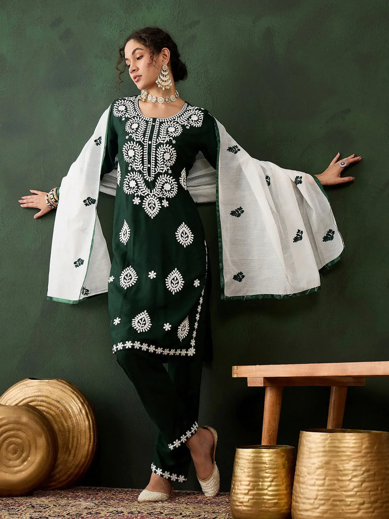 Lovable Green Embroidery Work Rayon Festival Wear Pant Suit With Dupatta