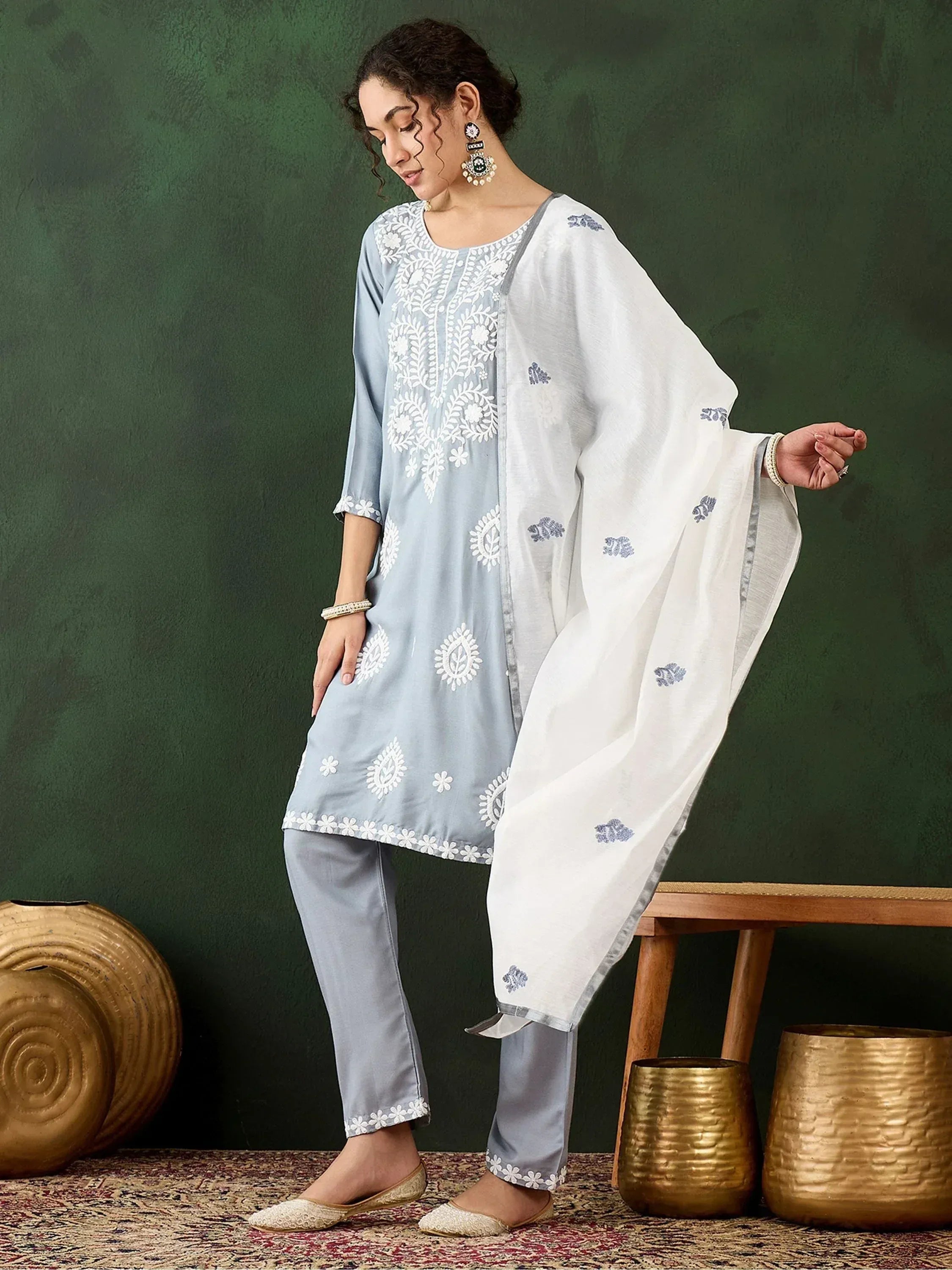 Light blue embroidered salwar kameez with white dupatta, ethnic Indian wear for women