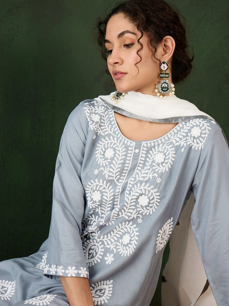 Adorable Powder Blue Rayon Event Wear Pant Suit With Dupatta