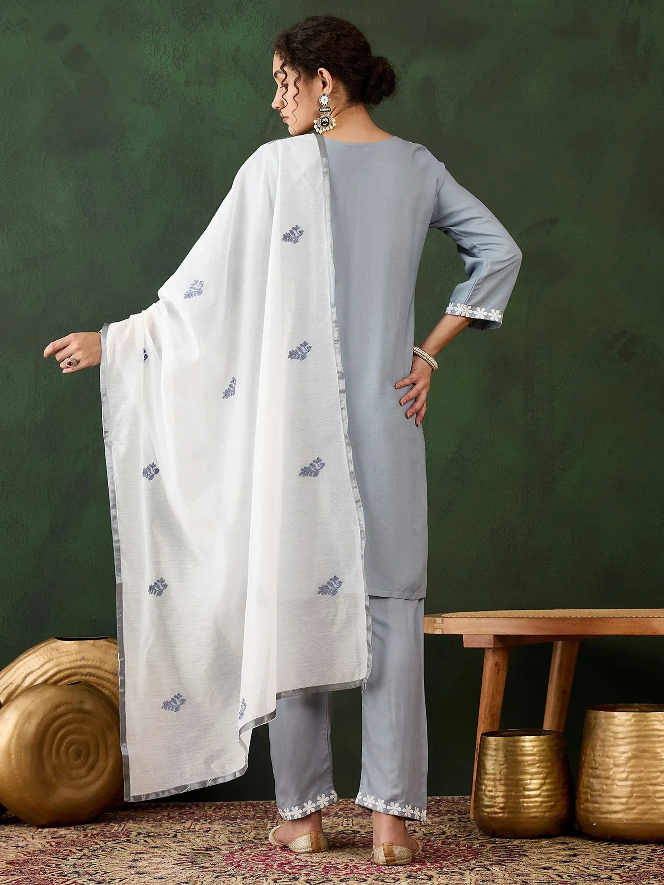 Light blue embroidered salwar kameez with white dupatta, ethnic Indian wear for women