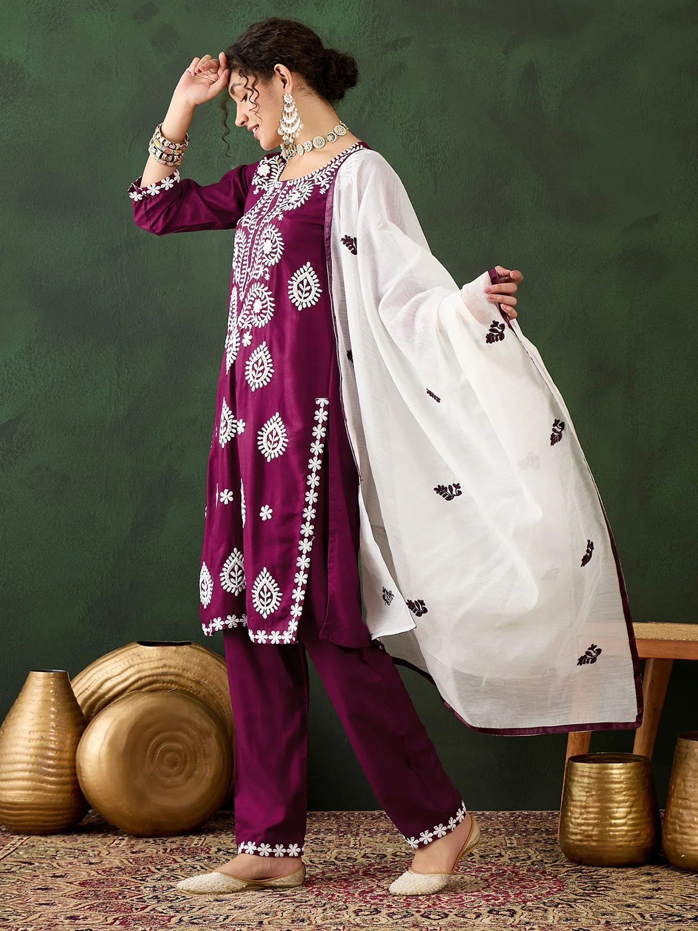 Purple embroidered salwar kameez with white dupatta, ethnic Indian wear for women