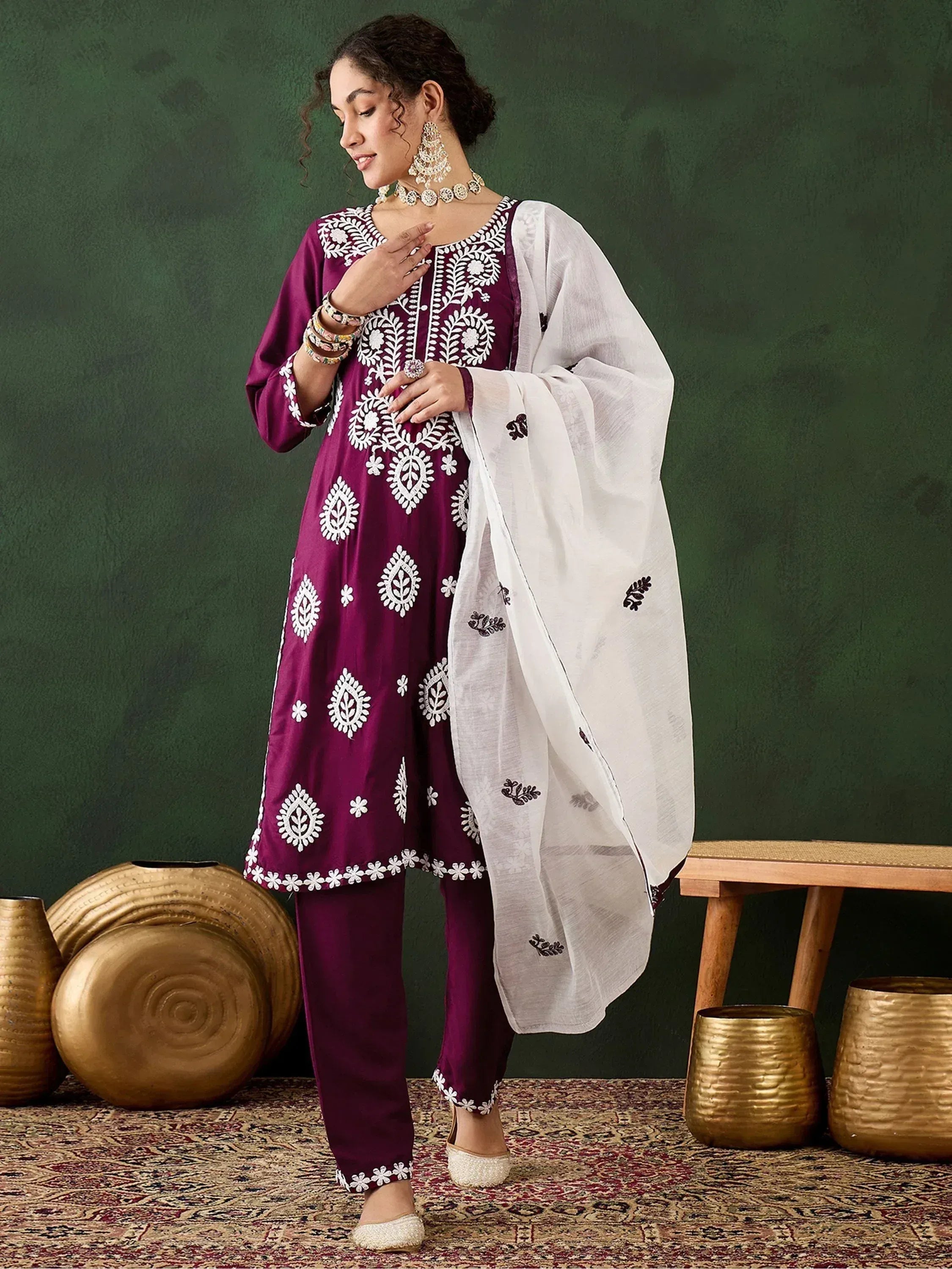 Purple embroidered salwar kameez with white dupatta, ethnic Indian wear for women