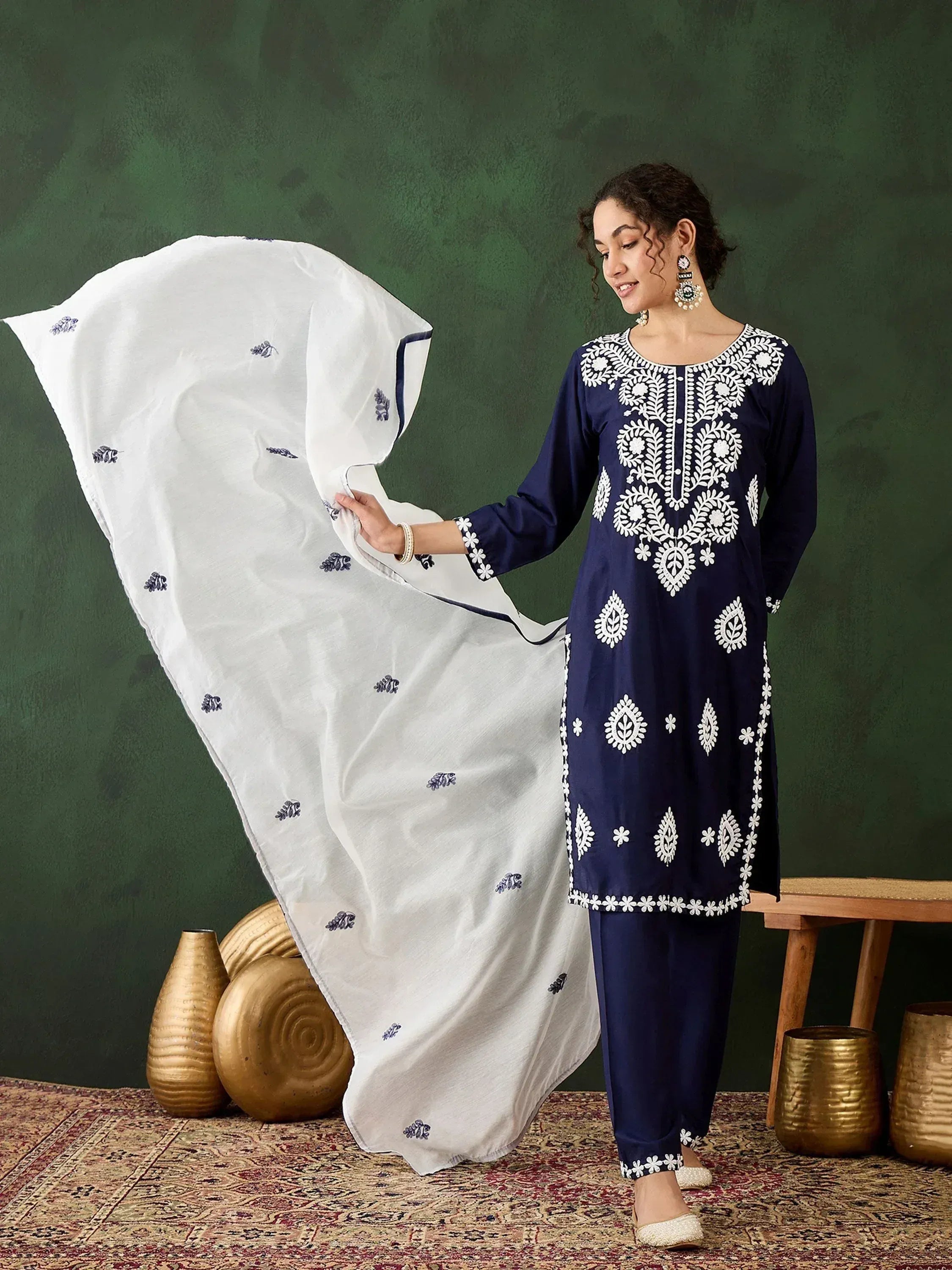Navy blue embroidered kurta with white dupatta, ethnic wear for women