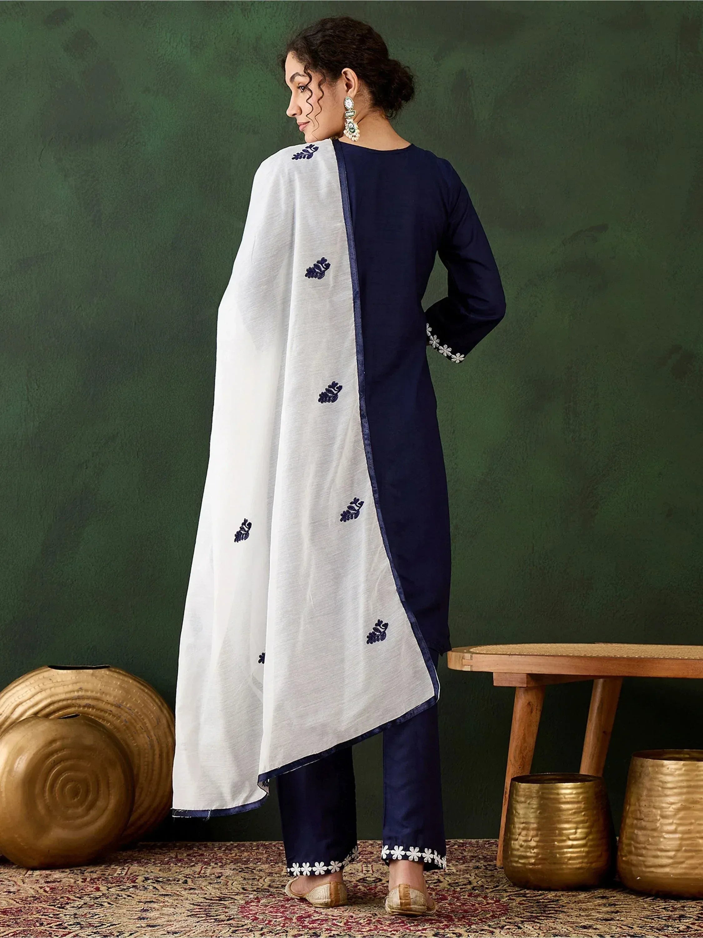 Navy blue embroidered salwar kameez with white dupatta, Indian ethnic wear for women