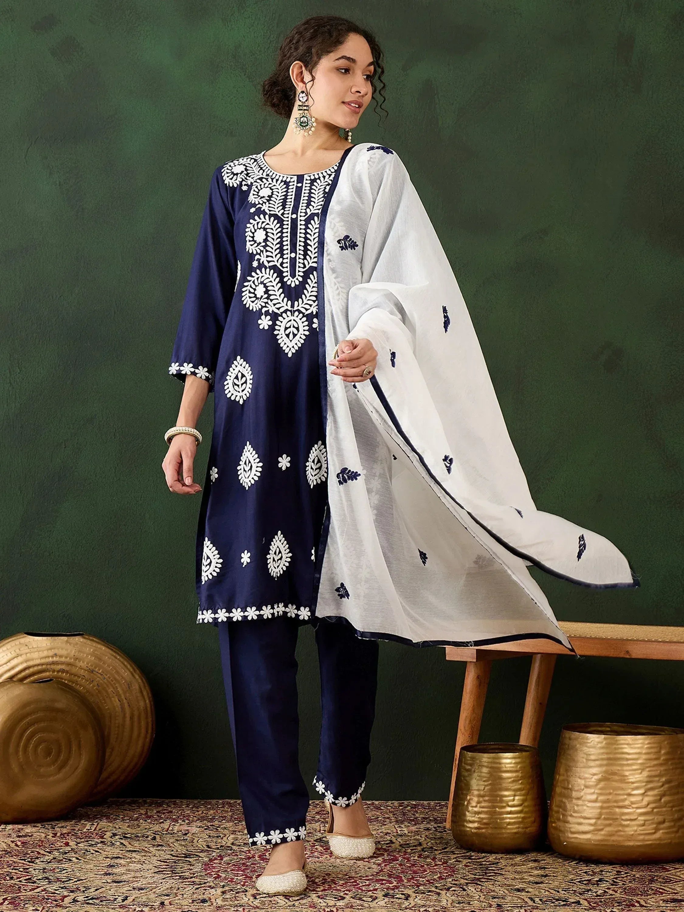 Navy blue embroidered salwar kameez with white dupatta, Indian ethnic wear for women