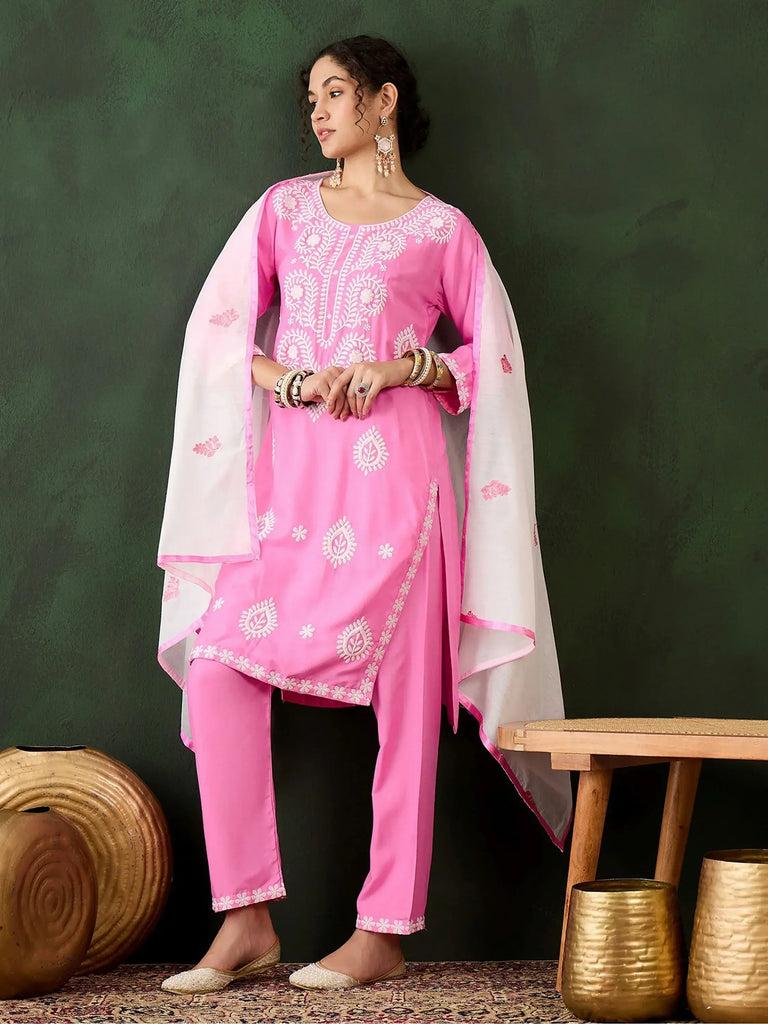 Sensual Pink Embroidery Work Rayon Office Wear Pant Suit With Dupatta