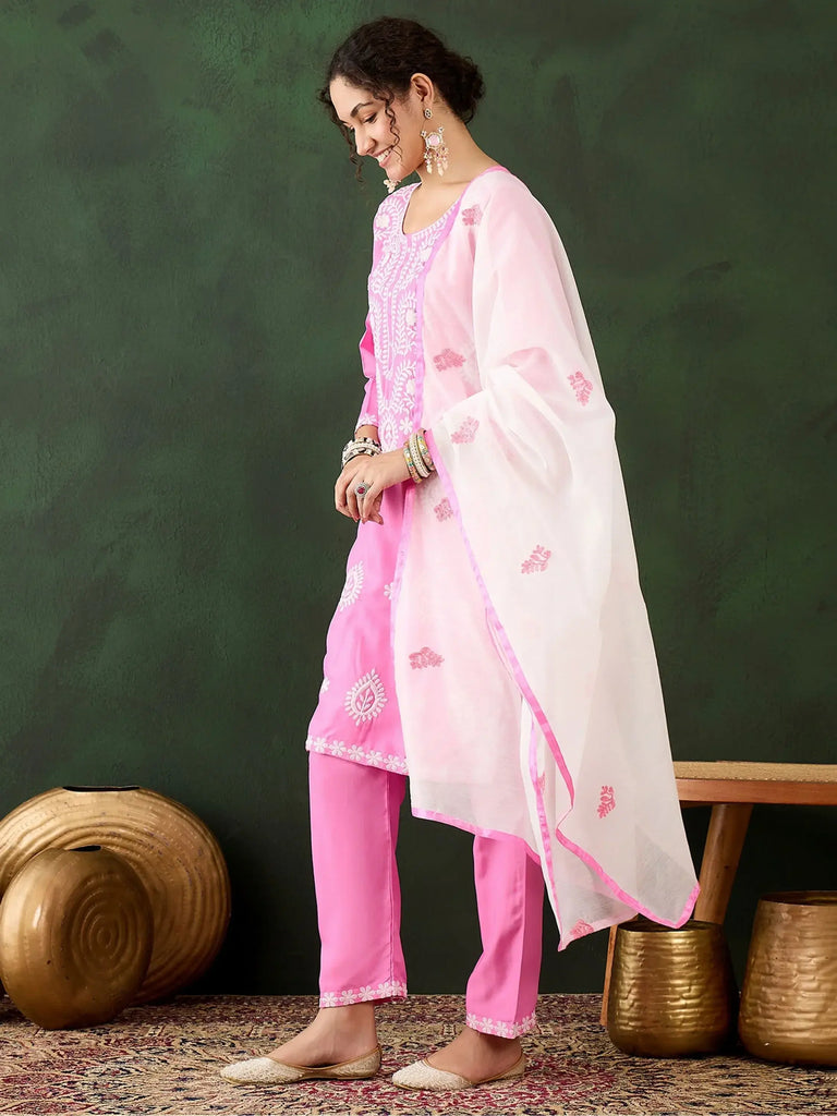 Sensual Pink Embroidery Work Rayon Office Wear Pant Suit With Dupatta