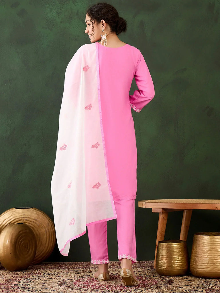 Sensual Pink Embroidery Work Rayon Office Wear Pant Suit With Dupatta