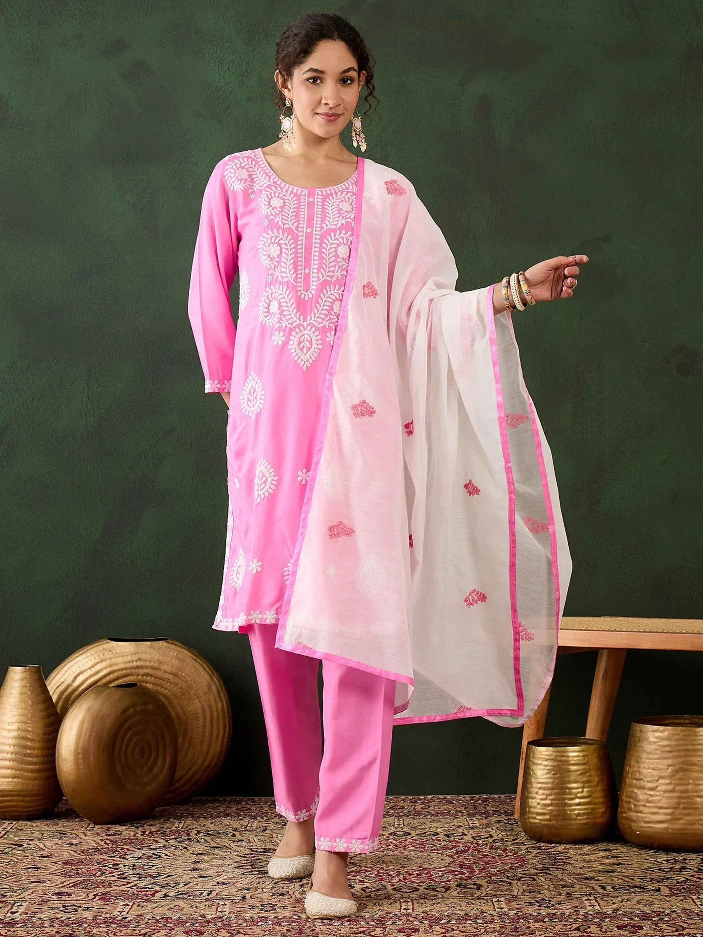 Pink embroidered salwar kameez with white dupatta, ethnic Indian wear for women