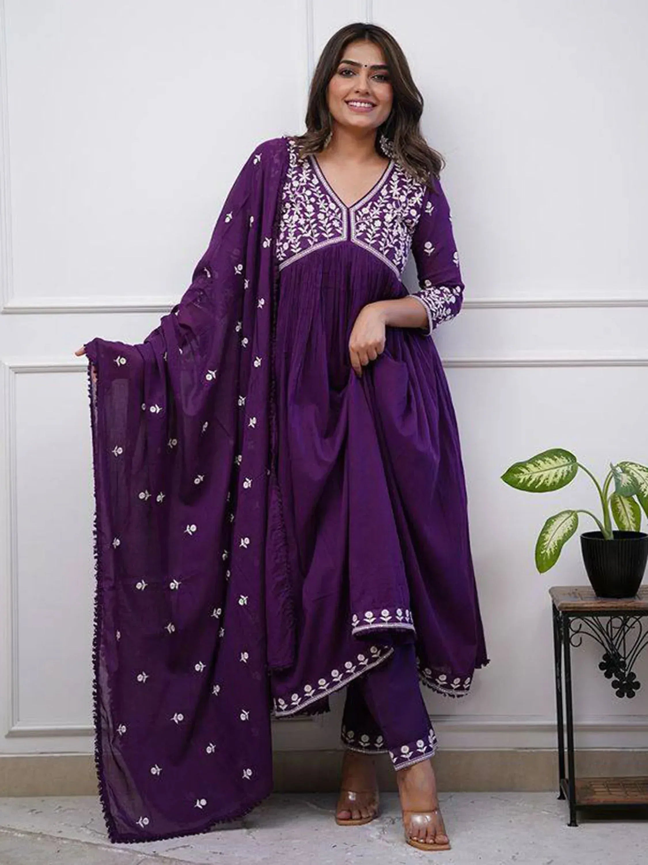 Purple embroidered salwar kameez with matching dupatta, Indian ethnic wear for women