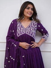 Awesome Purple Color Embroidery Work Silk Festival Wear Pant Suit