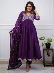 Awesome Purple Color Embroidery Work Silk Festival Wear Pant Suit