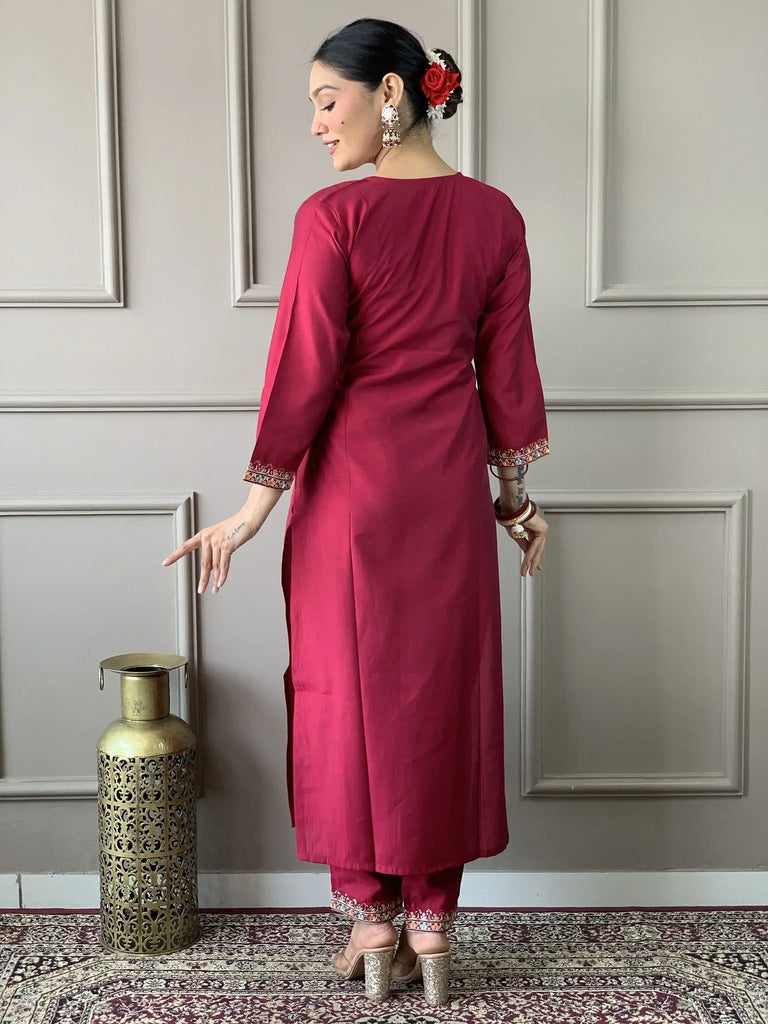 Lavish Rani Pink Embroidery Work Chanderi Silk Function Wear Pant Suit