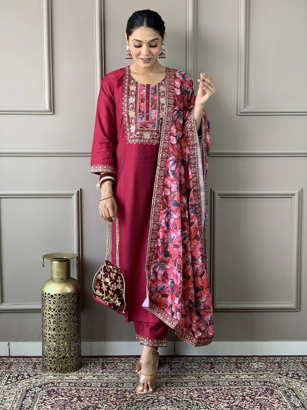 Lavish Rani Pink Embroidery Work Chanderi Silk Function Wear Pant Suit