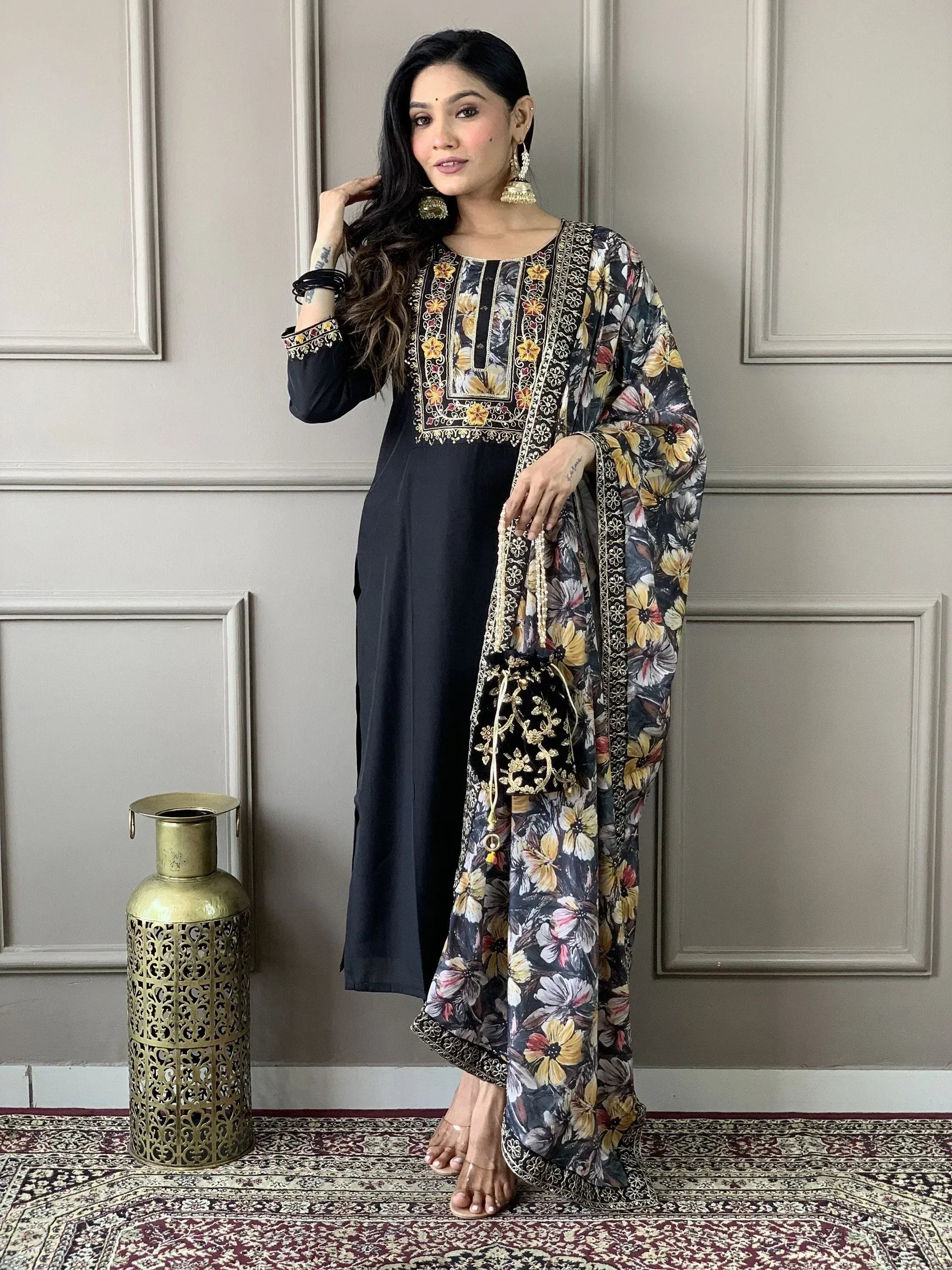 Black embroidered kurta with floral dupatta, ethnic wear for women, stylish Indian outfit